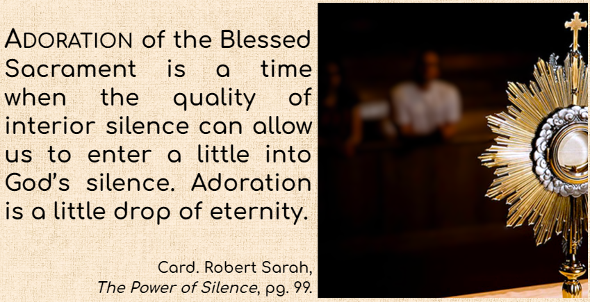 ADORATION of the Blessed Sacrament is a time when the quality of interior silence can allow us to enter a little into God’s silence. Adoration is a little drop of eternity.